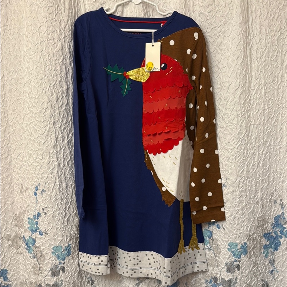 Mini Boden Christmas Robin appliqué Dress 8-9y